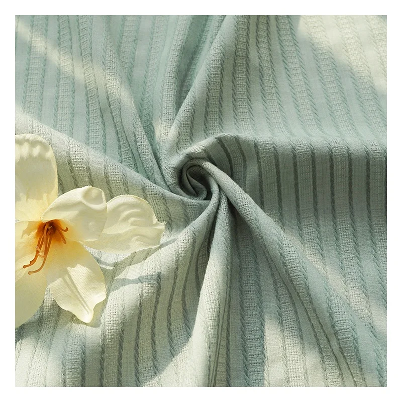 Wholesale plain dyed leno green stripe shirt jacquard weave cotton fabric details