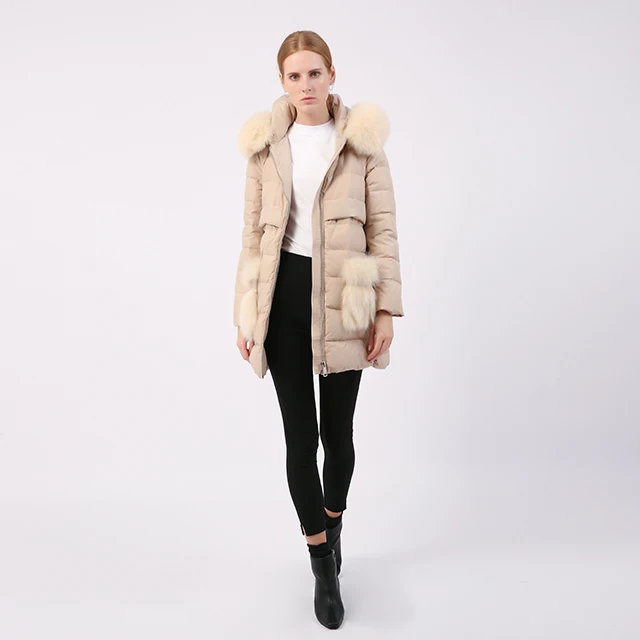 Real Fur Beige Duck Down Jacket Women Fashion Big Fur Pocket Winter Quilted Coat