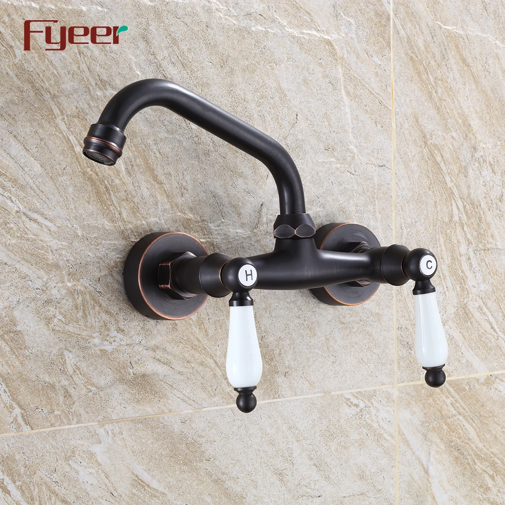 Fyeer Wall Mounted Black Kitchen Faucet with Double Ceramic Handle