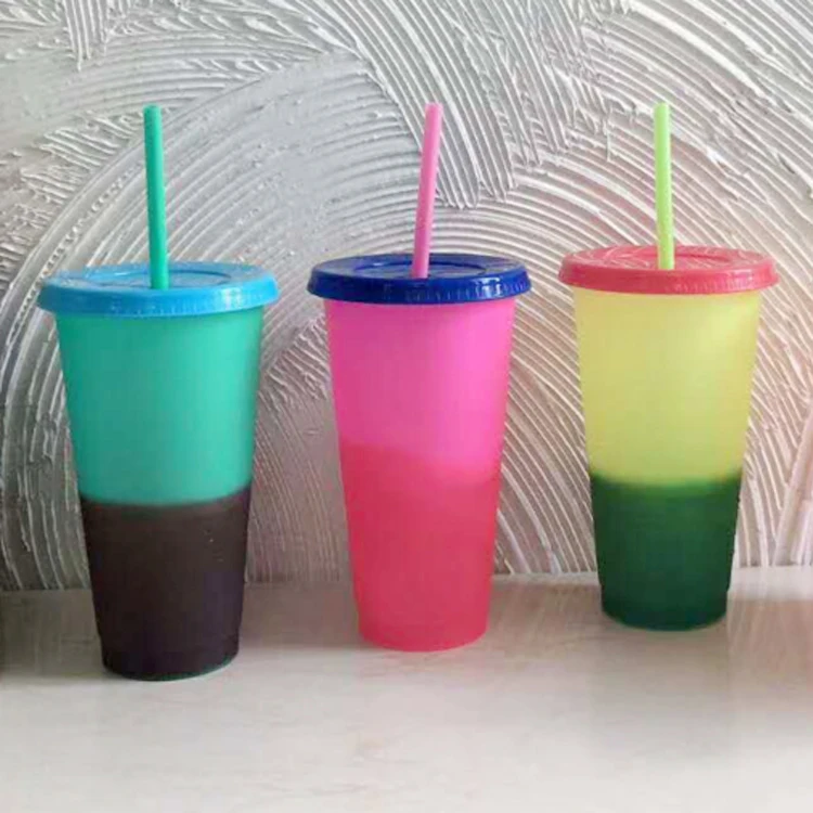 12/16/24OZ BPA free Custom silkscreen logo plastic cup with straw cold coffee color changing tumble