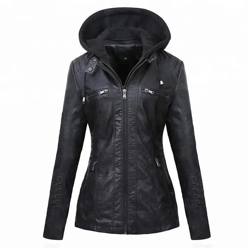 
European Fashion Black Motorcycle Synthetic Leather Jackette For Women 