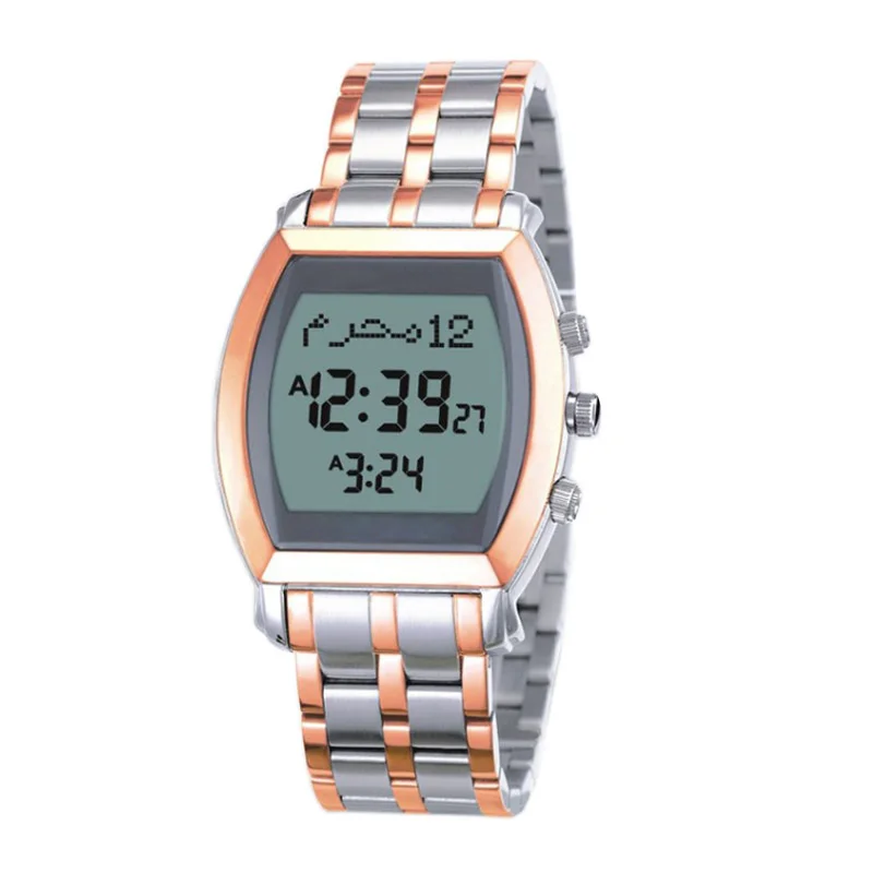 Stainless steel islamic prayer time wrist watch with qibla hijir muslim azan watch muslim league egypt isna hanafi umm alqura
