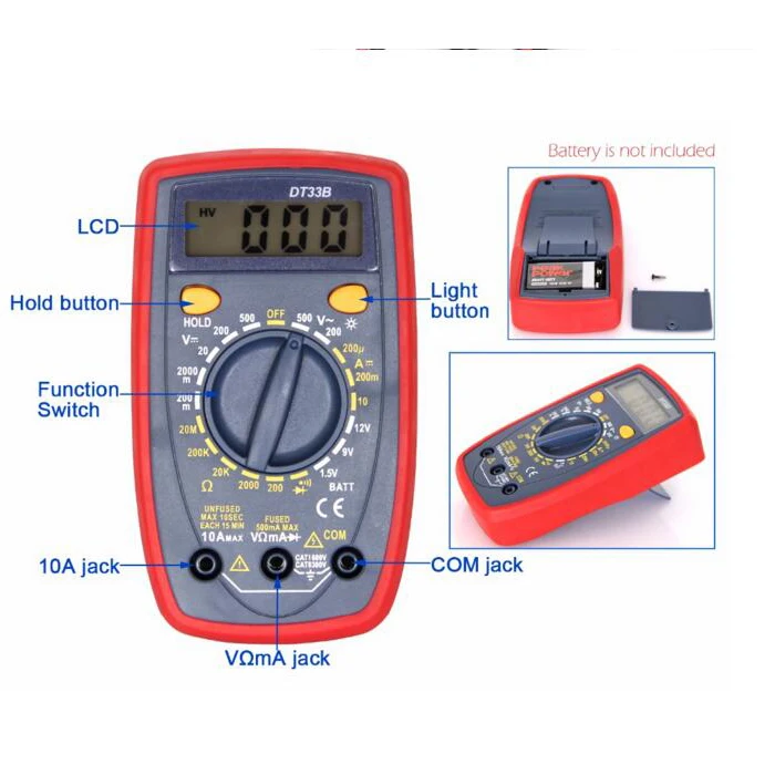 Digital Multimeter Backlight Buzzer Protection AC DC Ammeter Voltmeter Ohm DT33B