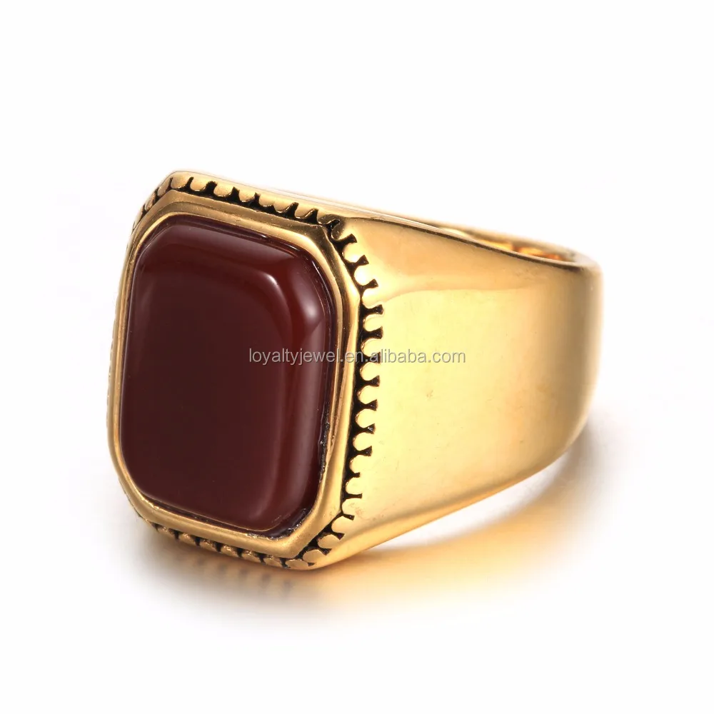 NEW Retro Men gold plated square green and red stone ring