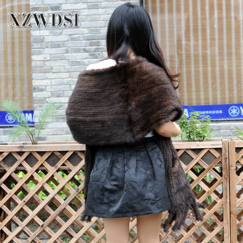 CX-B-M-08 Genuine Brown Color Natural Mink Fur Woven Scarf And Shawl