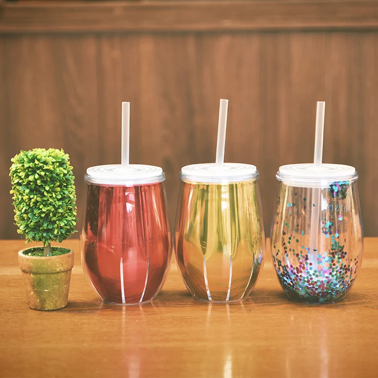 Custom Insert 10oz Double Wall Glitter Plastic Wine Glass Tumbler