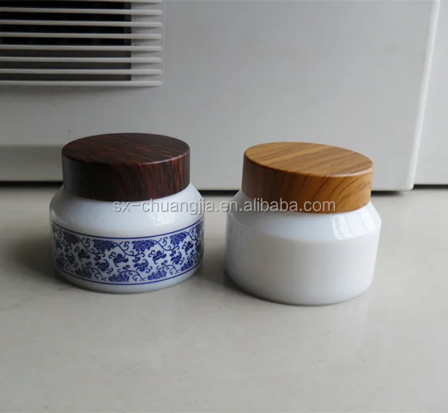 cosmetic packaging opal white cream glass jar with bamboo like lid