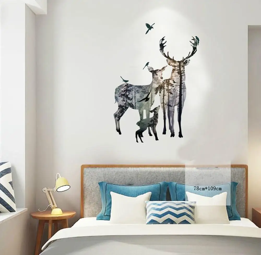 Forest Silhouette Deer Wall Decal Animal Birds Elk Vinyl Stickers for Bedroom Kids DecorHome Art Mural TV Background Decorations