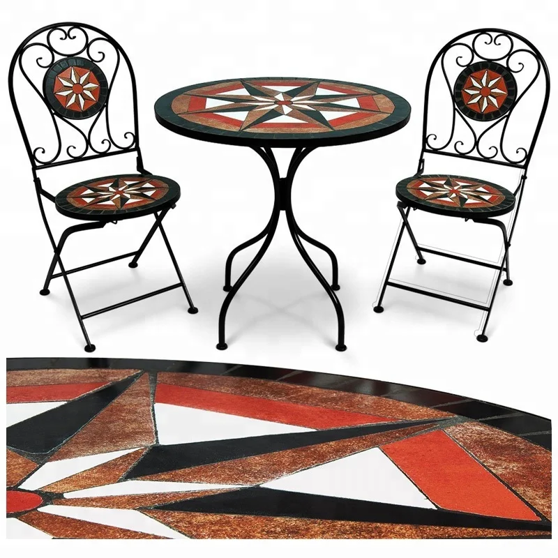 Outdoor Mosaic Bistro Table 60 cm with 2 Chairs Sets Garden Patio Balcony Cafe Round Tabletop