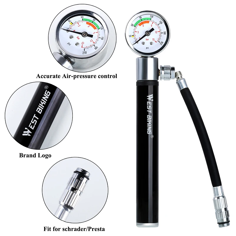 WESTBIKING Bicycle Pump With Pressure Gauge 120 PSI Hand Air Pump Bike Presta and Schrader Ball Road Tire Mini Cycling Hand Pump