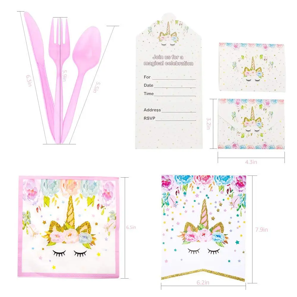 147pcs Plates Straws Cups Knives Spoons Forks Happy Birthday Banner Unicorn Headband Unicorn Party Supplies and Decorations Set
