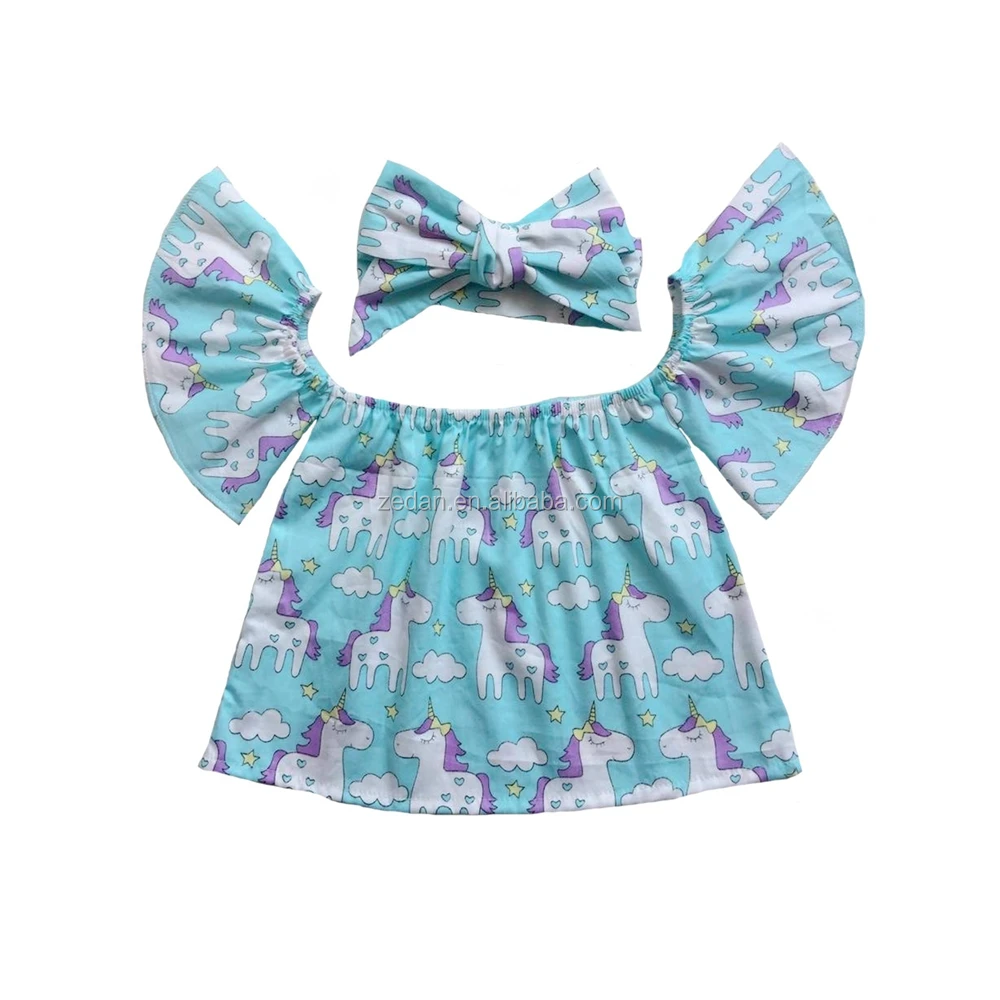 
baby girls Summer off shoulder top matching headband unicorn and rainbow printed cotton t-shirt crop tops 