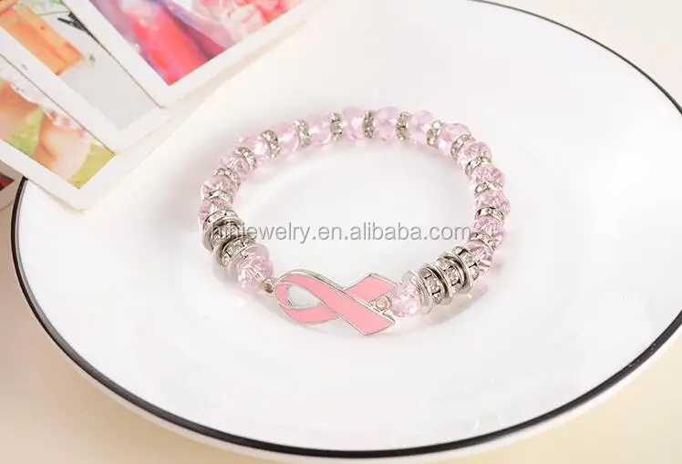 Pink ribbon breast cancer awareness bangle bead jewelry bracelet