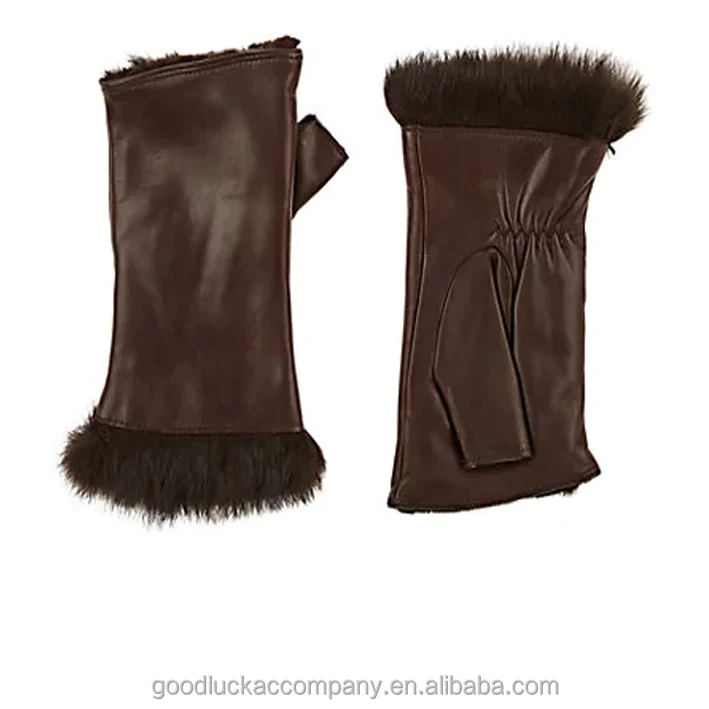 dark brown fingerless fur mittens leather gloves with fur lining