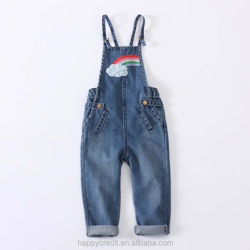 
Custom Embroidered Rainbow Cloud Buckle Up Bib Denim Overalls for Girls 