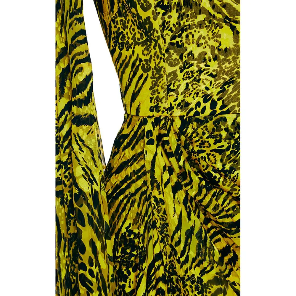 Neon Green  long sleeve Leopard Print Chiffon Fashion Mini Dress Women Summer Clothing Party Dresses with Asymmetrical hem