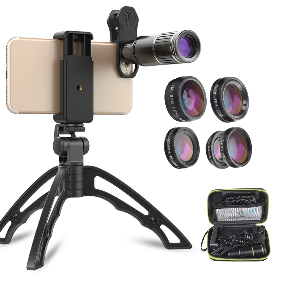 APEXEL 16X Mobile Camera Lens Telescope Fisheye Wide Angle Macro Universal Clip 6 in 1 Cell Phone Camera Lens Kit for iPhone X