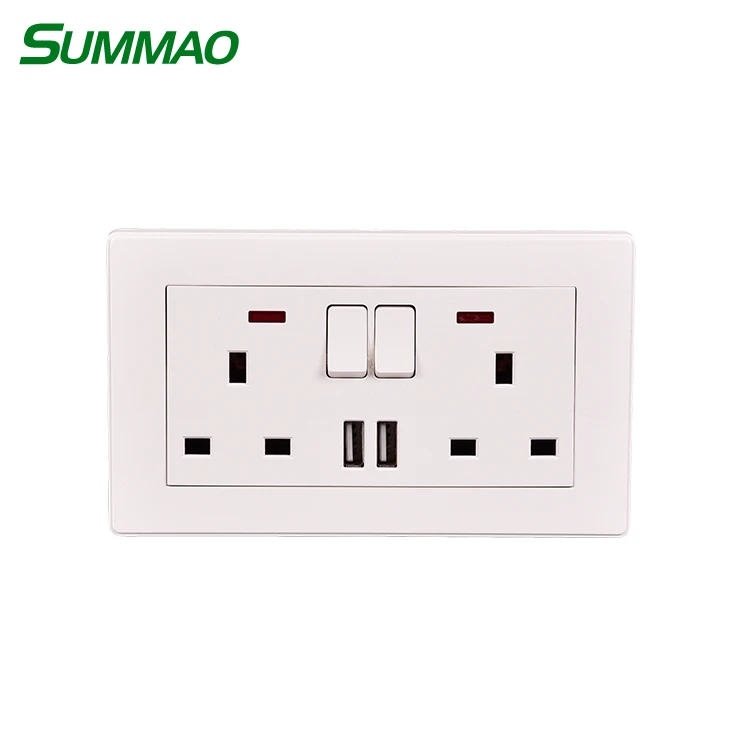 2 Gang Switches 3 Pins 13A Power Electric Outlet Wall Socket Double UK Socket With 2 USB Ports