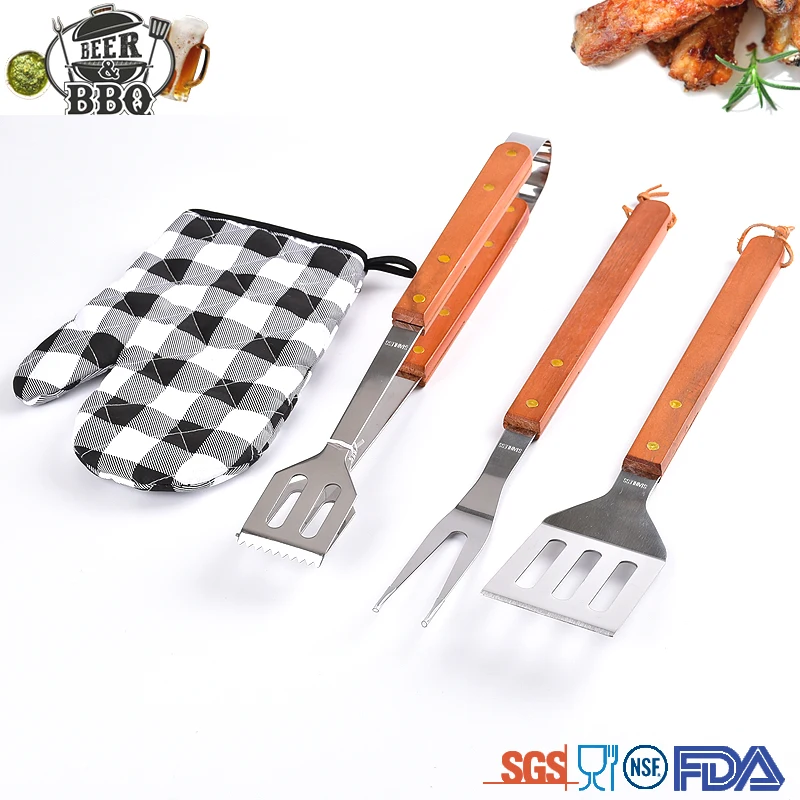 
Outdoor portable 4 pcs wooden handle barbecue tool set 