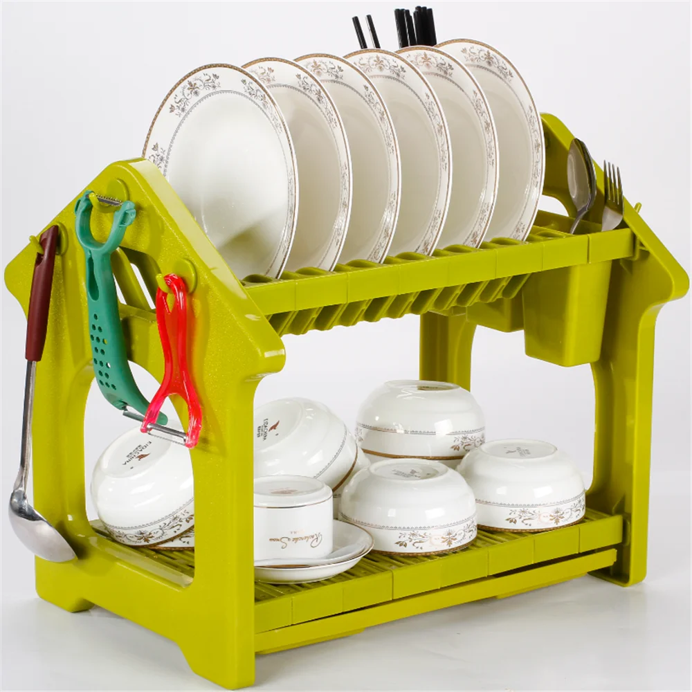Good quality Colored Folding Hanging Drying Dish Rack Plate Storage Kitchen Rack 2 Tier Plastic Dish Rack With Tray