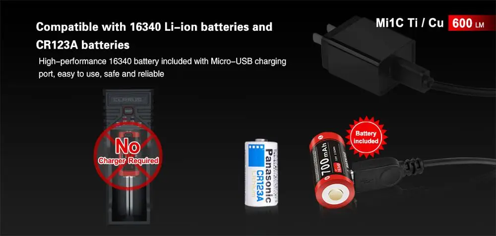 Klarus Mi1C Ti / Mi1C Cu mini Flashlight update of MI7 600 Lumens Included a Micro-USB charging 16340 battery
