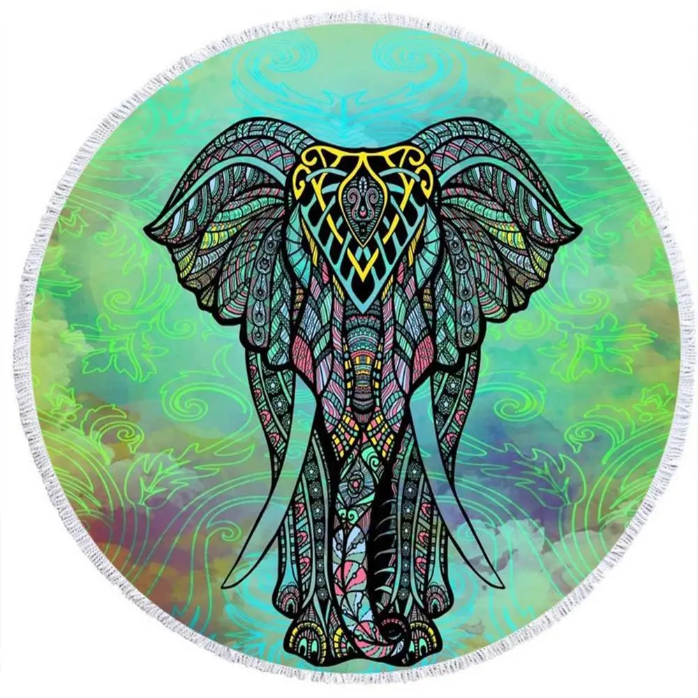 Professional 100% Microfiber CMKY microfiber Elephant round beach towel wholesale With tassel fringe