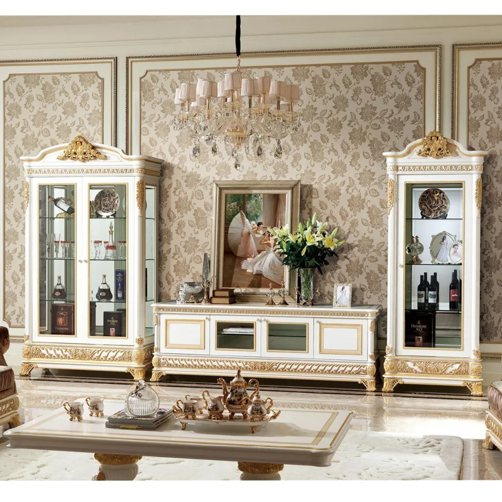 YB62 French New Baroque Classic Living Room Display Cabinet/European Antique Castle Style Wooden Hand Carved Display Cabinet