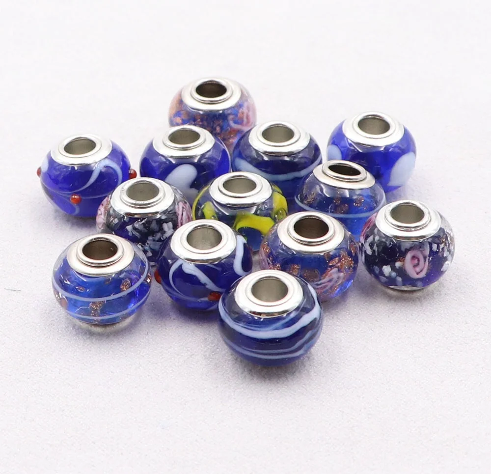 Wholesale Mix in Bulk Blue Series Silver Plated Core Large Hole Beads Murano Glass Big Hole Beads European Bracelet Charms