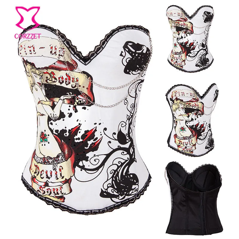 Burlesque Women Pin-Up Body Shaper Prints & Studded Cotton Bustier Sexy Corset Straps Espartilhos E Corpetes victorian corset