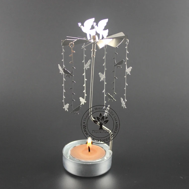 Silver plated metal etching rotating spinning tea light candle holder SCH-029