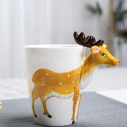 Custom lovely deer cartoon animal ceramic drinking mug with handle