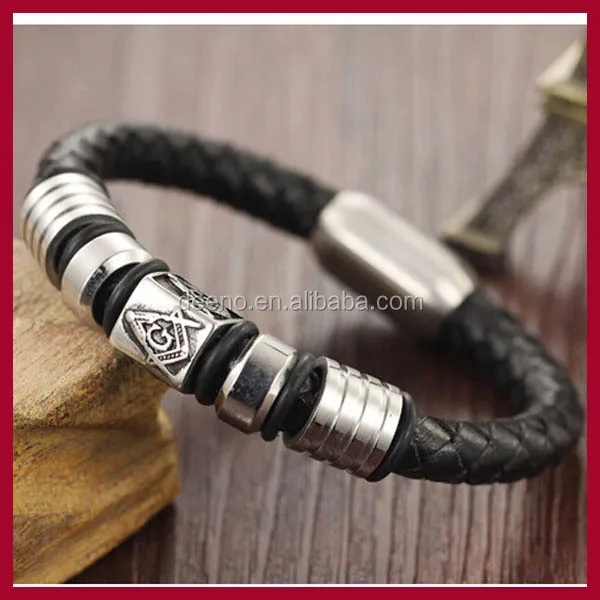 Masonic Style Braided Leather Bracelet Stainless Steel Masonic Charm Bracelet With Magnetic Clasp Masonic Bracelet