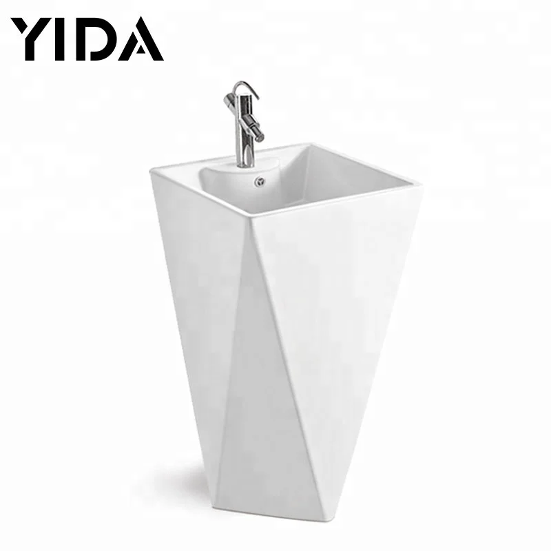 Modern Free Standing Full Ceramic Square Tube Pedestal wash Basins , Home or Business