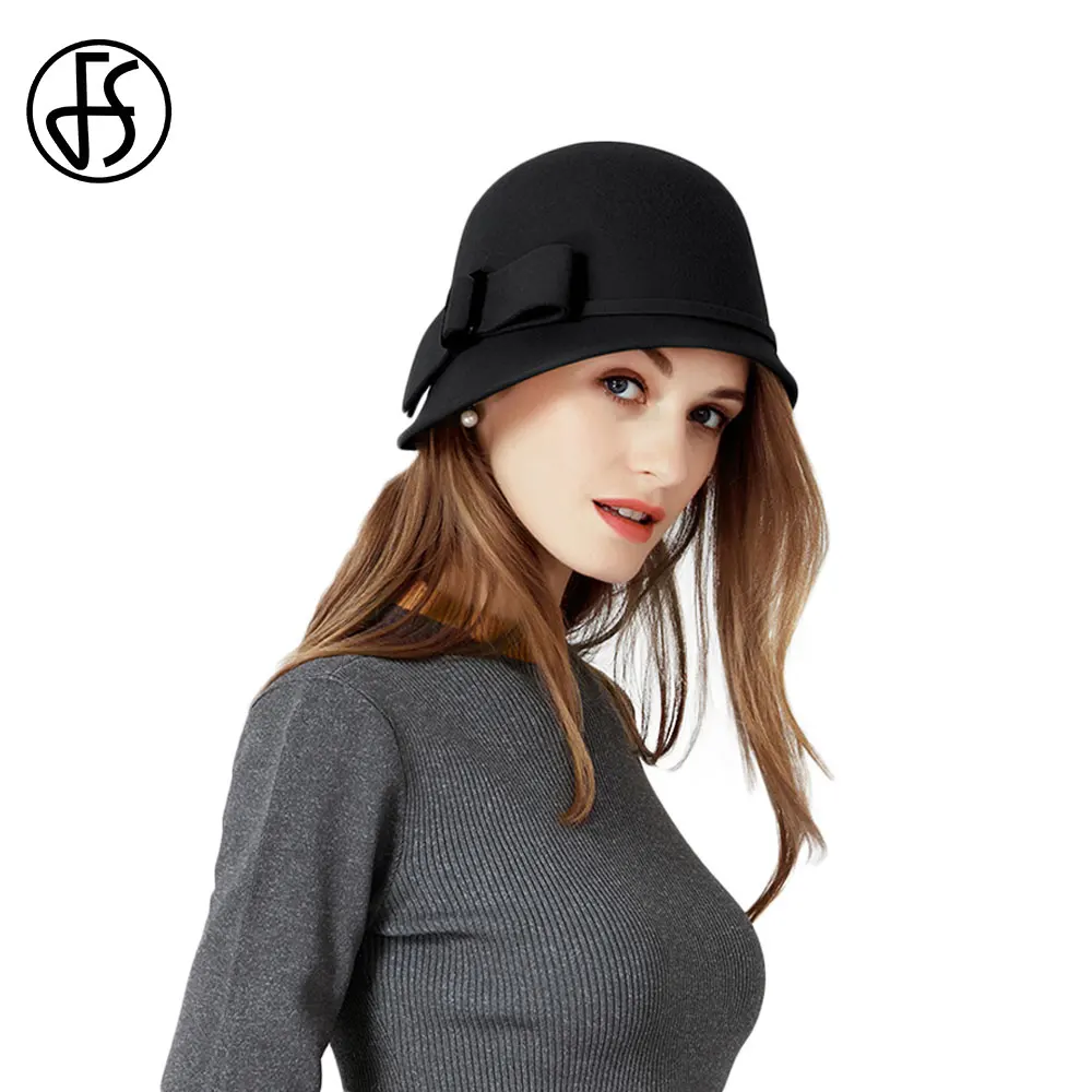 2019 Vintage Black Yellow Blue Bowler Wool Felt Cloche Hat With Bowknot Wide Brim Fedoras Ladies Floppy Derby Hats Cap Wholesale