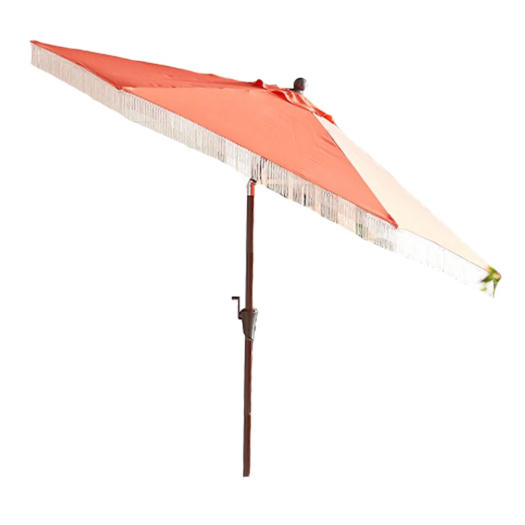 Courtyard Garden Table Black And White Striped Wood Patio Umbrella WIth Tassel