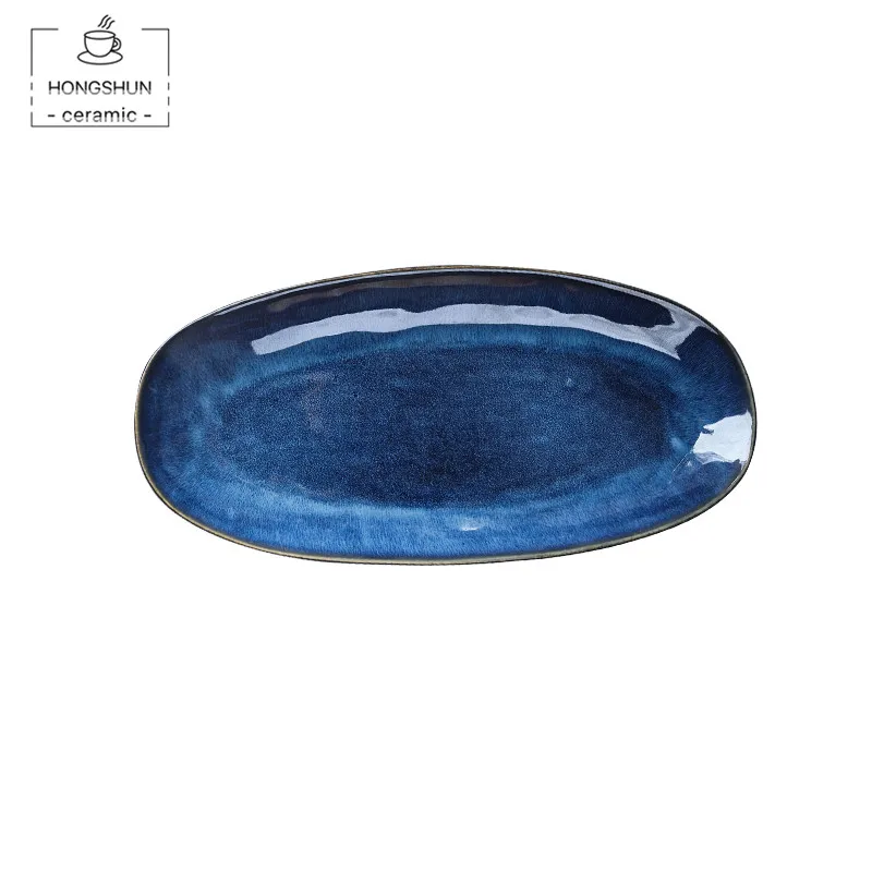 
Wholesale Classic Style Ceramic Reaction Glaze Blue Ellipse Oval Plate Porcelain Fish Cake Plate Charger Serving Plate 