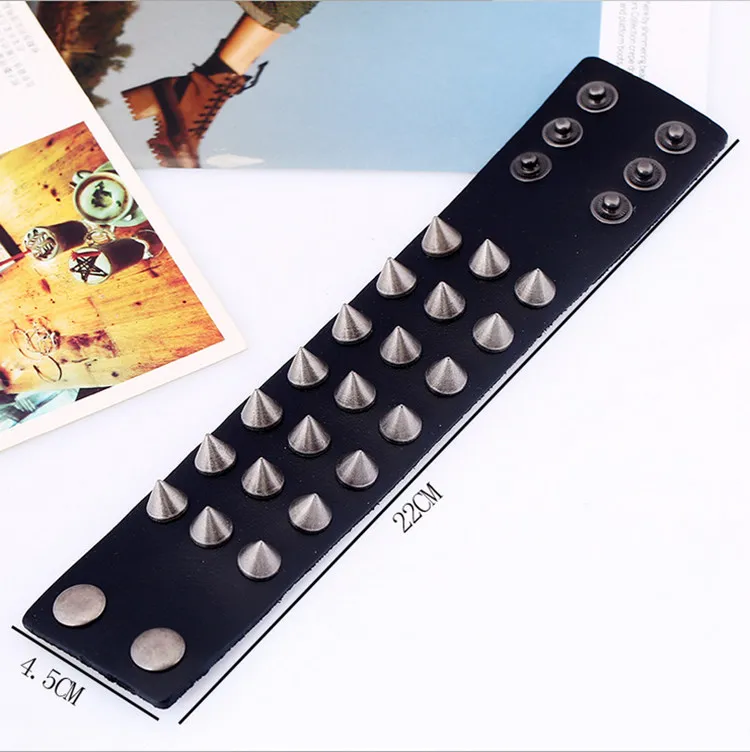 Unique Three Row Cuspidal Spikes Rivet Stud Wide Cuff Leather Punk Gothic Rock Unisex Bangle Bracelet