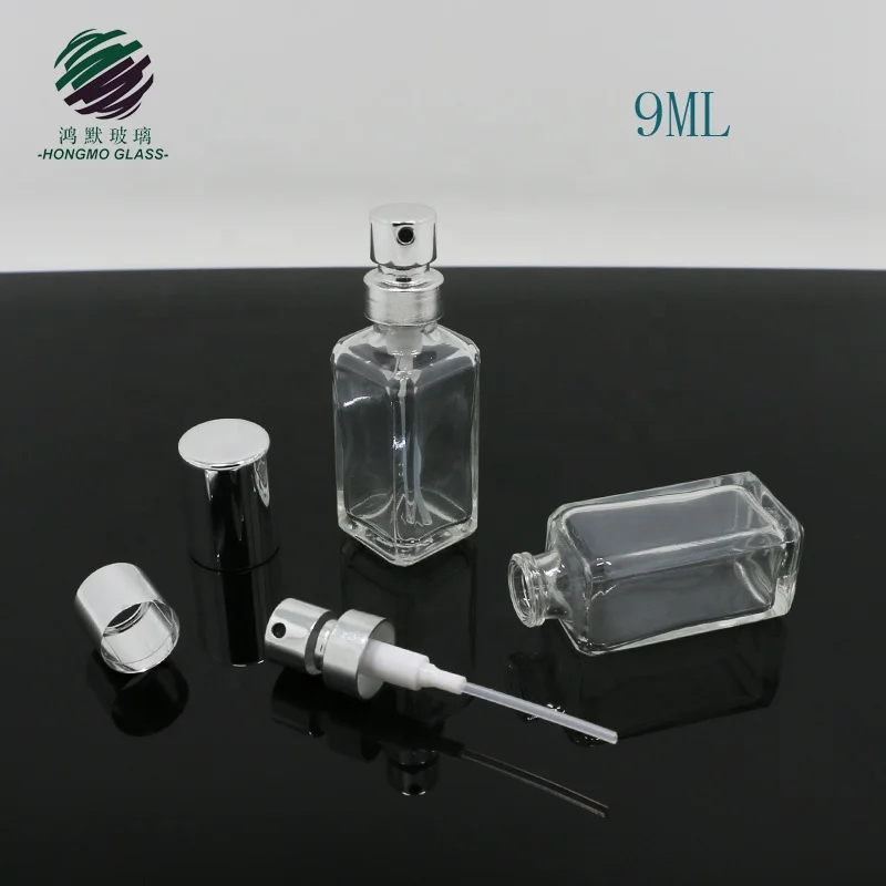 Miniature and portable OEM fine mist sprayer 9ml clear mini square shape crimp neck perfume spray glass perfume bottle