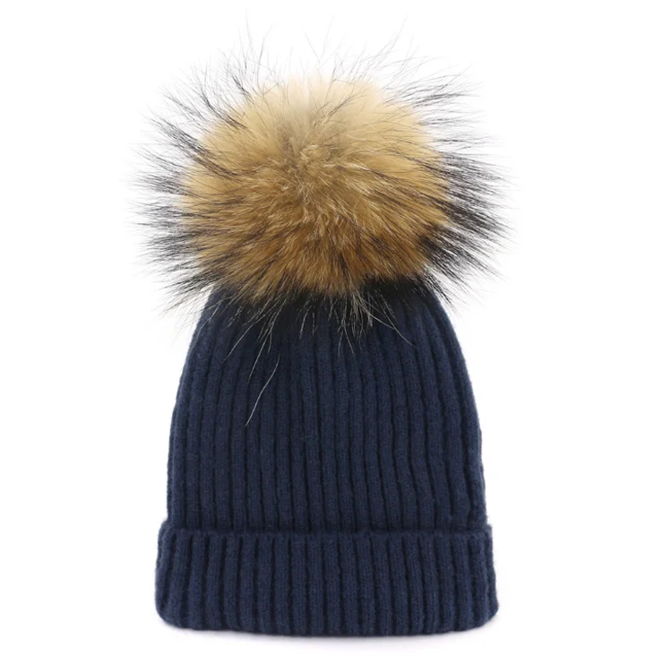 Custom real fur pom pom winter hat with detachable pompom beanie 100 soft acrylic ribbed beanie tuque