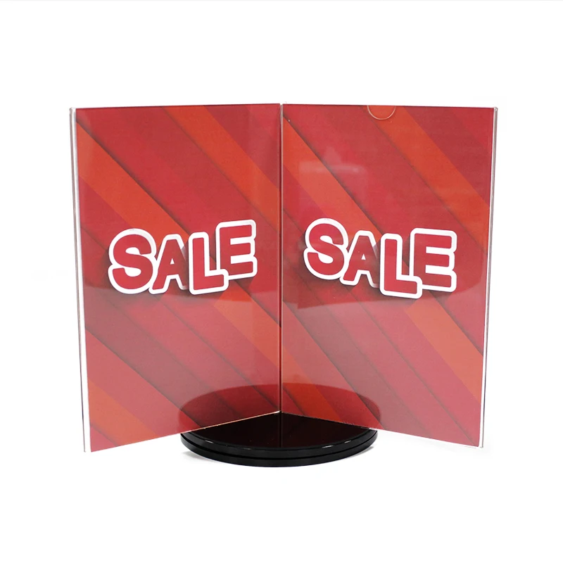 Wholesale rotating 3 sides acrylic display stand card sign holder with round base