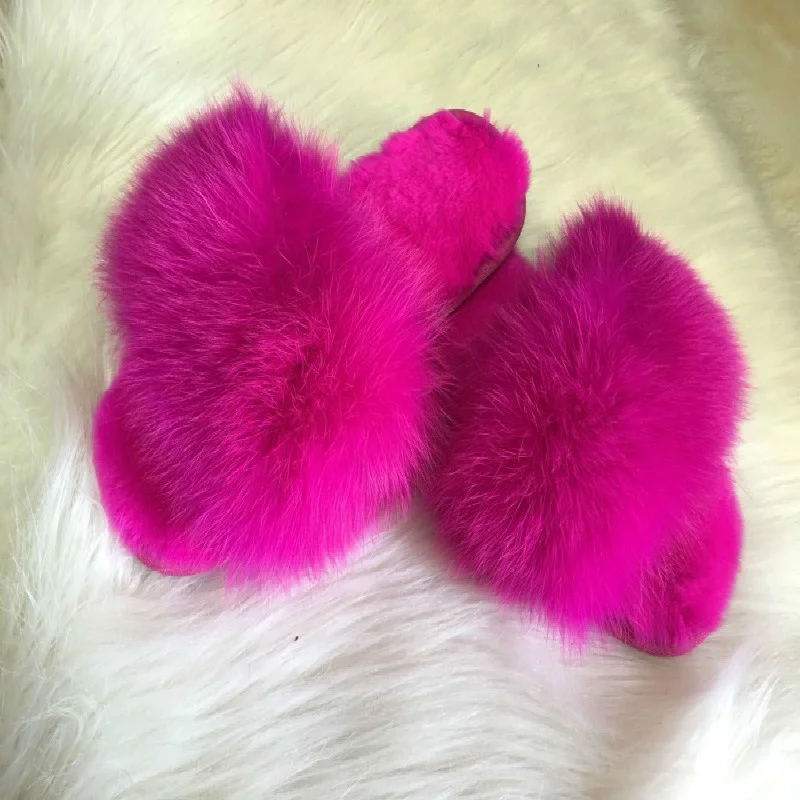 Sandals custom slides rabbit fur sole ,fox fur slippers big real fox fur slide sandals for women