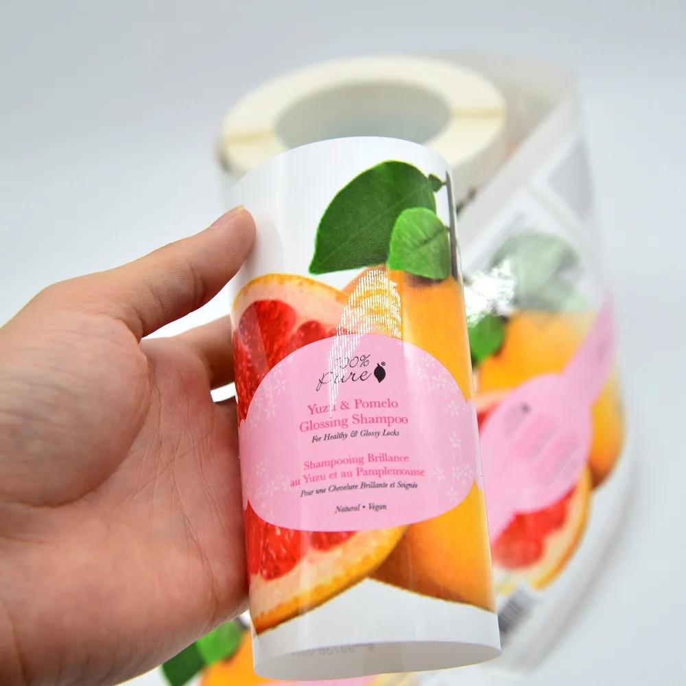 Custom high-end printed cheap label stickers with die-cut uprolled shampoo cosmetics bottles