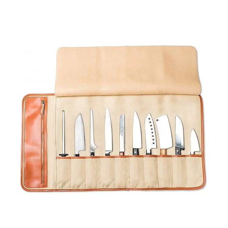Chef Knife Roll Bag Carrying Case Holds 10 Knives  Leather Zipper for Culinary Tools  Knives Not Included