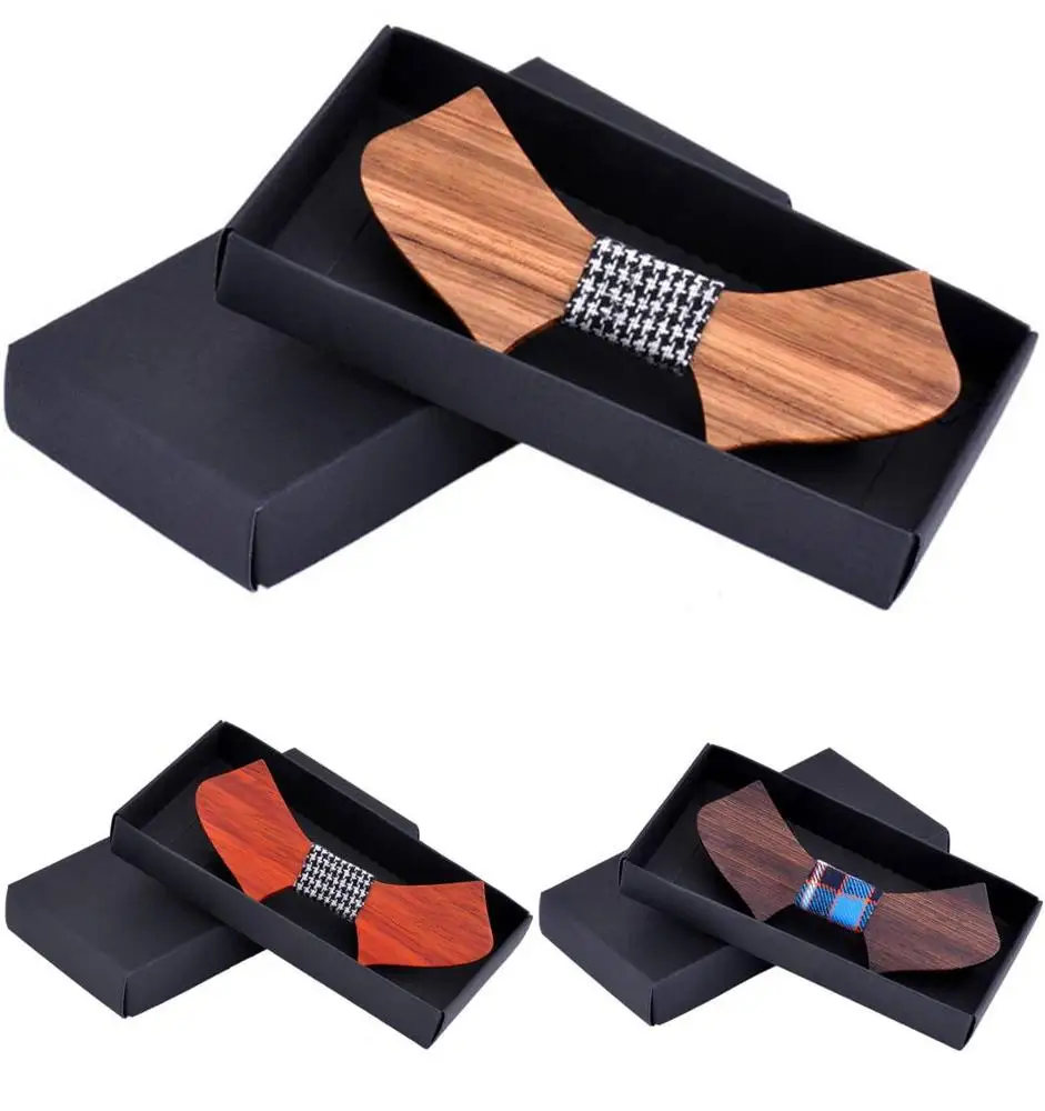  High-end mens wooden bowtie set with gift box Customized wood bow tie and pocket