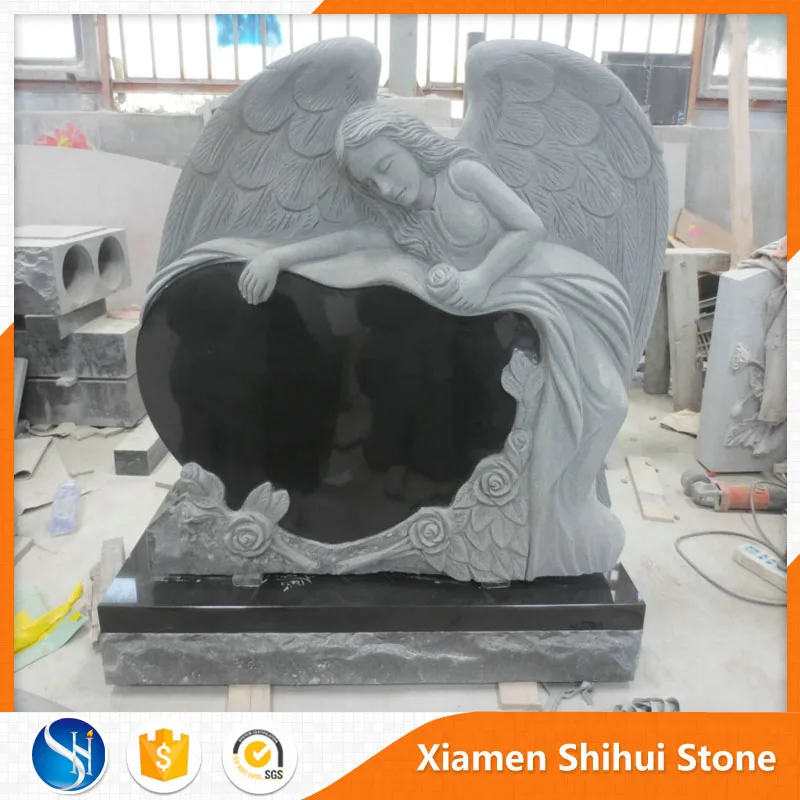Black granite angel double heart headstone monuments