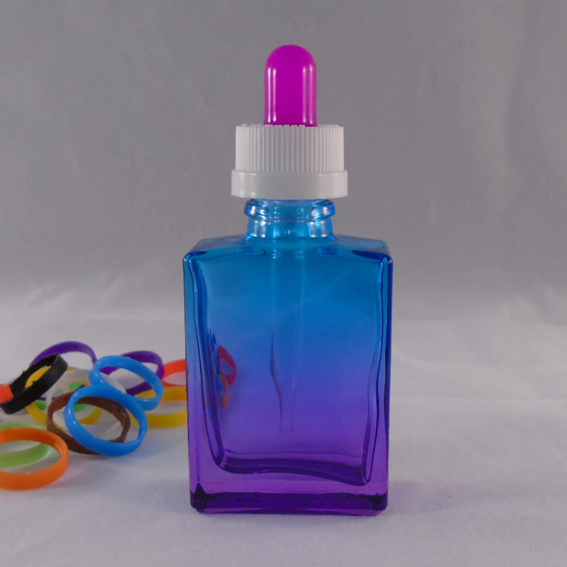 cosmetic oil 1 oz 30ml square rectangle shape blue & purple glass dropper beard oil bottle