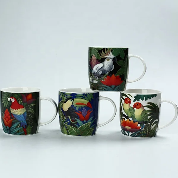 12 OZ 2018 Newly designed parrot and floral printing porcelain mug