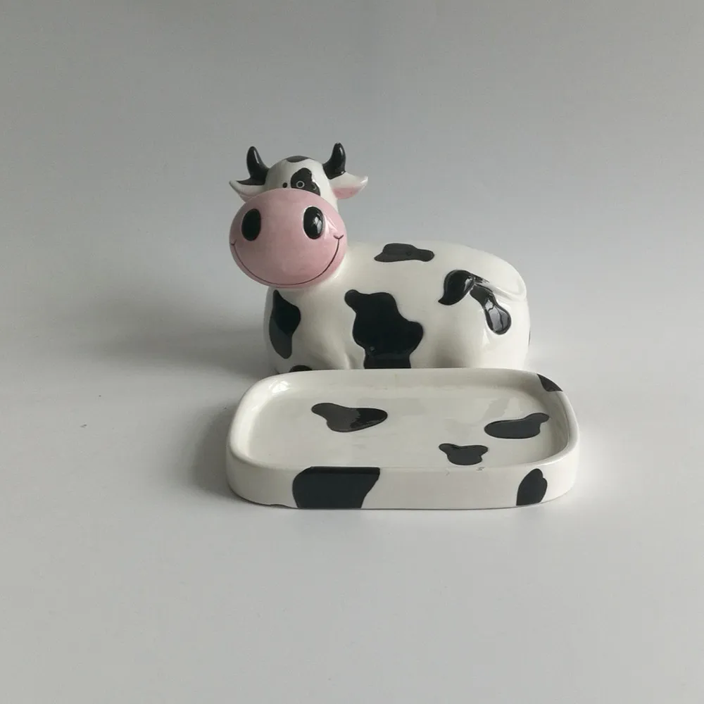 New idea products ceramic cute cow butter dish animal butter dish with cow cover