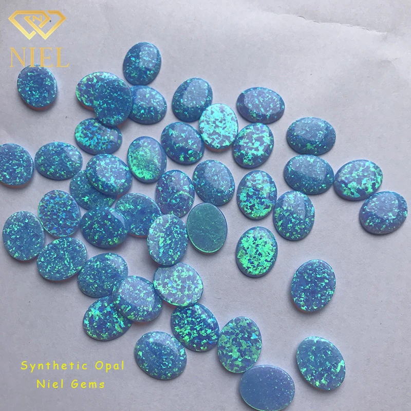 Hot sale 8x10mm synthetic fire blue opal cabochon lab created stone price per gram for necklace or bracelet