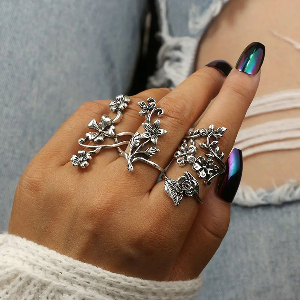 
New Fashion Women Jewelry Antique 4pcs Sliver Vine Leaf Flower Ring Set 
